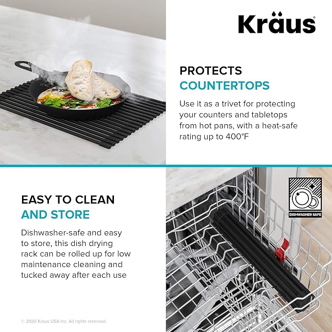 KRAUS Multipurpose Workstation Sink Roll-Up Dish Drying Rack, Colander and Trivet in Aqua, KRM-11AQ
