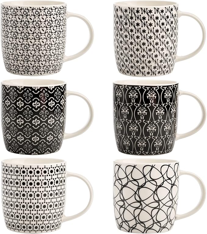 Okllen 6 Pack 11.5 Oz Coffee Mugs Geometric Textured, Ceramic Coffee Mugs Stylish Tea Cup Mugs Set Gift for Latte, Cappuccino, Milk, Water, Cocoa, Cereal, Black and White