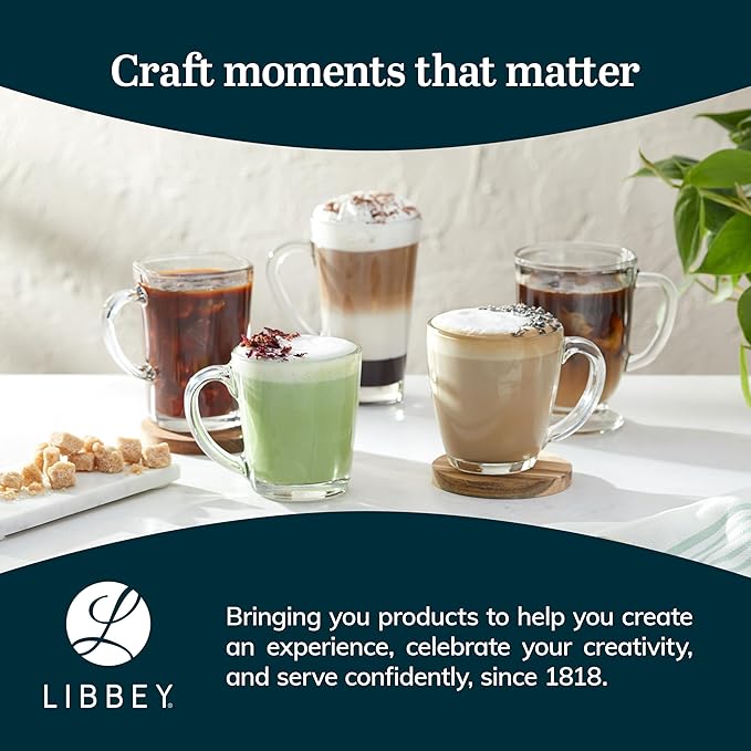 Libbey Kona Glass Coffee Mugs Set of 6, Elegant 16 Ounce Clear Tea Cup Set , Dishwasher Safe Glass Mugs with Handles for Tea, Coffee,and Espresso