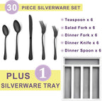 Herogo 30-Piece Matte Black Silverware Set with Drawer Organizer, Stainless Steel Flatware Cutlery Set for 6, Modern Tableware Eating Utensils with Tray, Dishwasher Safe, Satin Finish
