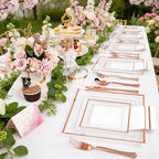 Festiva 350Pcs Rose Gold Plastic Plates - Clear Rose Gold Disposable Dinnerware Sets for 50Guests include 100 Plates 50 Cups 50Plastic Cutlery 50Napkins for Party&Wedding& Mother's Day