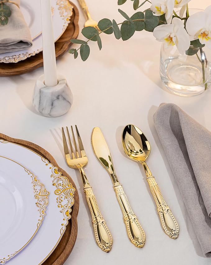 Morejoy 350PCS White and Gold Plastic Plates - Gold Plastic Dinnerware Set Include 50Dinner Plates, 50Dessert Plates 150Cutlery, 50Cups, 50Napkin Perfect for Party & Wedding