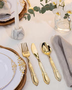 Morejoy 350PCS White and Gold Plastic Plates - Gold Plastic Dinnerware Set Include 50Dinner Plates, 50Dessert Plates 150Cutlery, 50Cups, 50Napkin Perfect for Party & Wedding