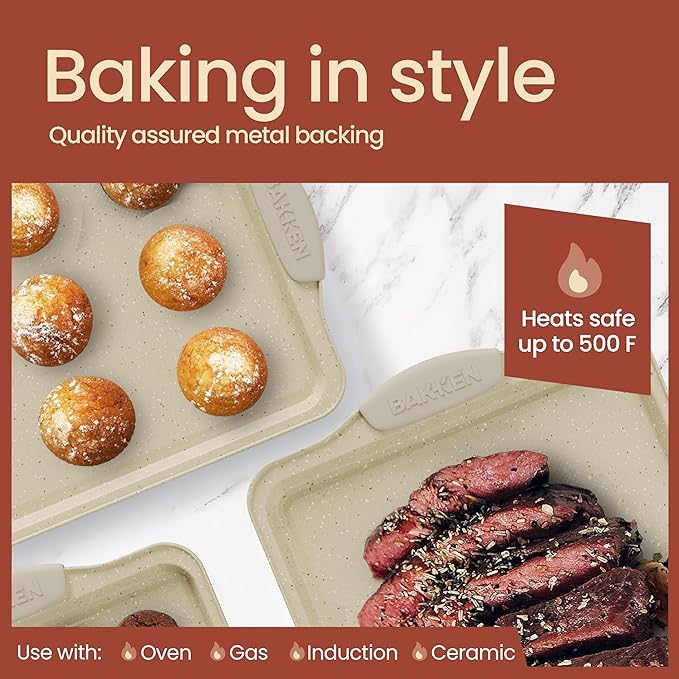 BAKKEN Kitchen Baking Pans - Medium (15.15 × 10.03") and Large (17.1 x 11.8") Nonstick Sheets, Carbon Steel Cookie Sheets with White Silicone Handle, PFOA, PFOS, PTFE Free, Oven Safe (450°F), Set of 2
