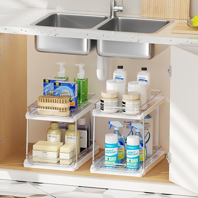 Delamu 2-Tier Bathroom Under Sink Organizers and Storage, Pull Out Cabinet Drawers with Anti-Slip Design, Multi-Purpose Storage for Kitchen, Pantry, Bathroom & Home Organization, 1 Pack