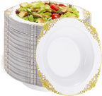 100PCS Gold Plastic Bowls - 12 oz White Disposable Salad Bowls - Heavy Duty Soup Serving Bowl - Fancy Plastic Ice Cream Bowl for Parties, Dinners, Catering, Picnics