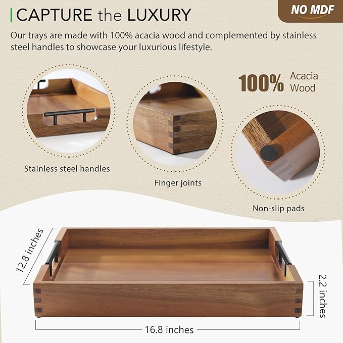 Joy&Grace Ottoman Tray for Living Room, Large Acacia Wooden Serving Tray with Handles for Coffee Table, Breakfast in Bed, Food Dinner, Decorative Tray (Color Natural, 16.7" x 12.8" x 2")