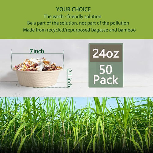 24 Oz Disposable Paper Bowls - Heavy Duty Disposable Bowls - Made from Natural Bagasse - Disposable Bowls for Hot Soup, Salad, Dessert, and More [50 Pack]