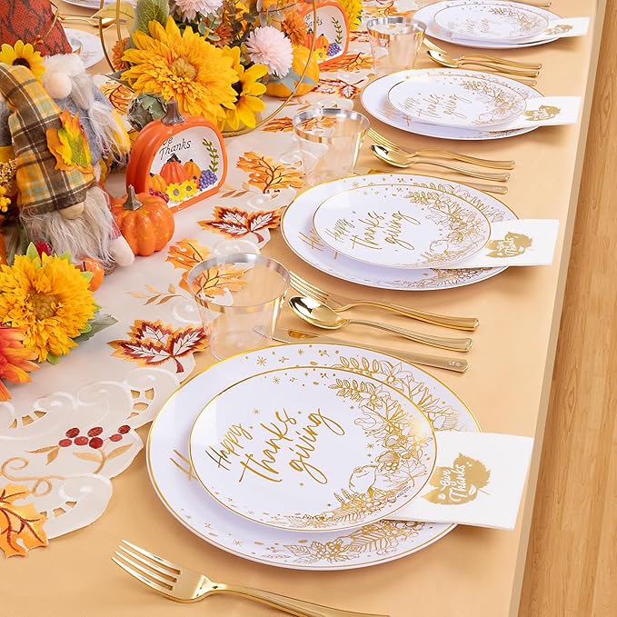 Hioasis 175pcs Thanksgiving Plastic Plates - Elegant Disposable Dinnerware Set Suitable for 25 Guests Include 10.25" Dinner & 7.5" Dessert Plates, Knives,Forks,Spoons, Cups,Napkins for Thanksgiving