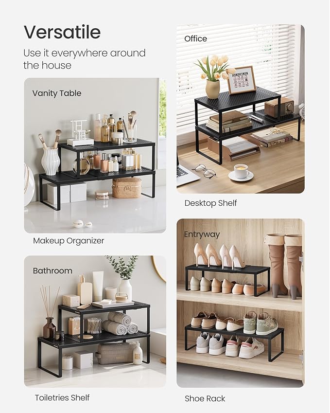 SONGMICS Spice Rack, Expandable Kitchen Countertop Shelf, Small Cupboard Organizer, Metal, Space-Saving Tabletop Shelf, Matte Black UKCS007B01