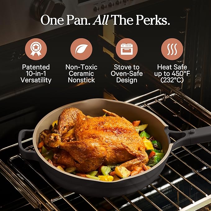 Our Place Large Always Pan | 12.5" Ceramic Pan with Modular Lid & Beechwood Spatula | Patented 10-in-1 Nonstick, Non-Toxic Cookware Made Without PFAS | Induction & Oven-Safe up to 450°F | Char
