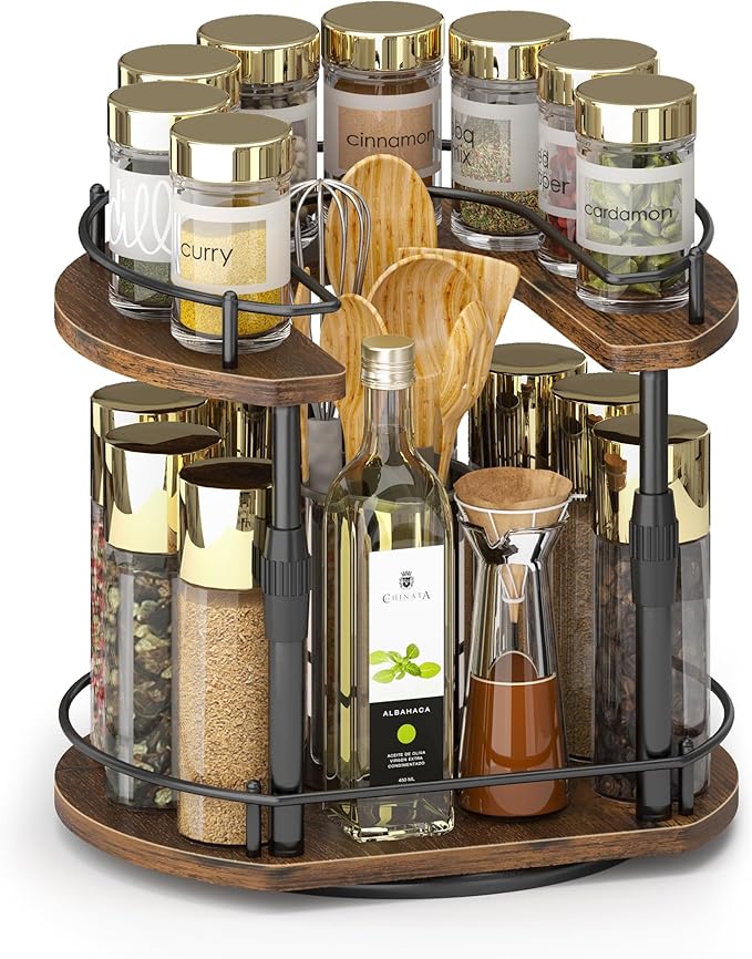 Lazy Susan Spice Rack Organizer For Cabinet With Adjustable Height, 12 inch Rotating Countertop Seasoning Organizer For Tall Bottle, 2-Tier Spining Turntable Spice Holder For Pantry