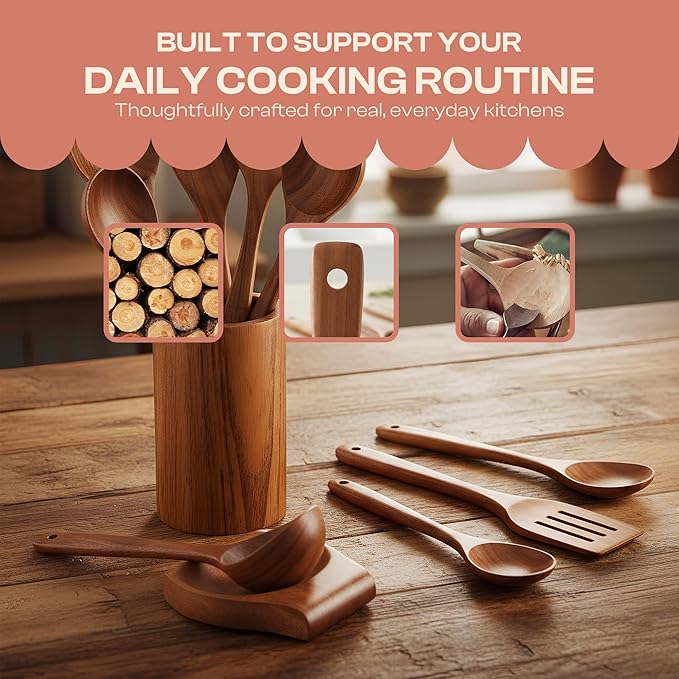 12-Piece Wooden Spoons for Cooking with Holder – Natural Teak Wood Utensils – Comfort-Grip Cooking Wood Tools Non-Stick Safe Easy to Clean Heat Resistant Set
