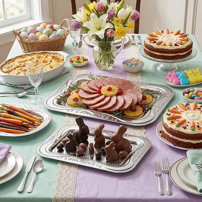 4-Pack Small Silver Serving Trays Set - ZENOVLUX Lightweight Bow Floral Engraved Mirror Decorative Tray, 11.4" x 7" Party Platters for Easter, Food, Appetizer, Charcuterie, Cookies, Desserts