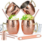 Amrules Moscow Mule Mugs Set of 4, 16 OZ Hammered Copper Cups with 304 Stainless Steel Lining and Gold Brass Handles, Includes Straws, Opener, Jigger, Brush, Fit for Cold Drinks, Bars, Parties