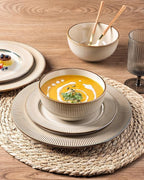 GBHOME Ceramic Dinnerware Sets,12 pcs Embossed Elegant Stoneware Plates and Bowls Sets, Housewarming Wedding Gift | Dishwasher & Microwave Safe | Dishes Set Service for 6