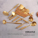 Gold Kitchen Utensils Set - 18/10 Stainless Steel Cooking Tools, 15" All Metal Serving Utensils with Fork, Solid/Slotted Spoon, Spatula, Ladle, Skimmer, Tunner, Pasta Spoon, Large Spoon, Set of 9