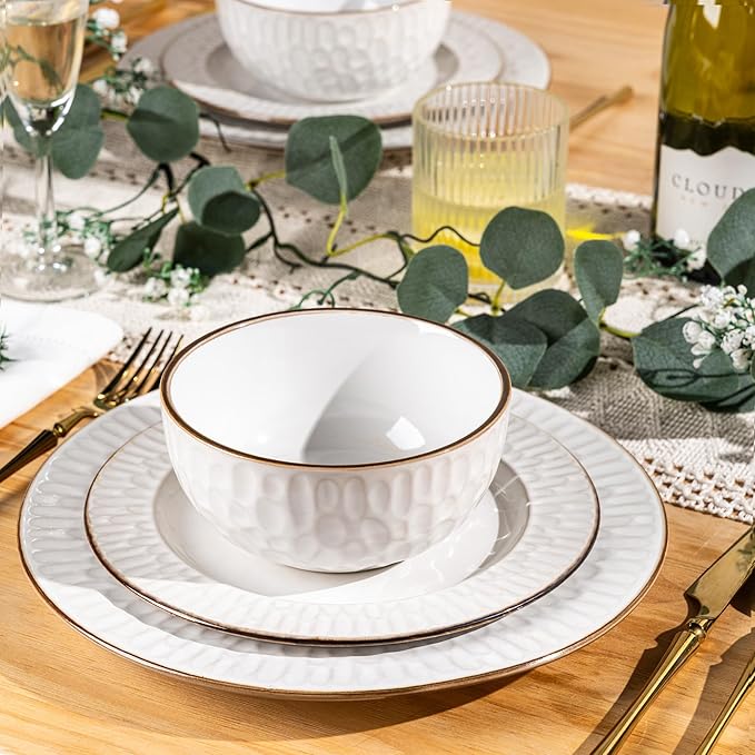 GBHOME Ceramic Dinnerware Sets,12 pcs Embossed Elegant Stoneware Plates and Bowls Sets, Housewarming Wedding Gift | Dishwasher & Microwave Safe | Dishes Set Service for 6