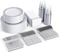 FOCUSLINE 350 Ct Silver Dinnerware Set for 50 Guests, Silver Lace Plastic Plates Disposable Heavy Duty, Including 50 Dinner & Dessert Plates, Cups, Napkins, Cutlery Set