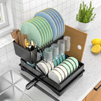 Large Dish Drying Rack 2 Tier for Kitchen Counter, Anti-Rust Metal Dish Rack with Lock & Lift System & Retractable Auto-Drain Spout, Escurridor de Platos with Cutting Board and Utensil Holder