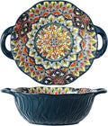 2 Pack Boho Ceramic Serving Bowls with Handles, 40 Oz Porcelain Salad Bowls, Large Serving Dishes for Entertaining, Mixing Bowls for Soup, Stew, Pasta, Cereal, Colorful Embossed Cute Bowls Set BLDS