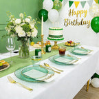 DaYammi 175 Pcs Green Plastic Plates Dinnerware Set (25 Guests), Hammered Plates Sets, Green Party Platos Set include 50 Disposable Platos, 75 Gold Plastic Silverware, 25 Cups 25 Napkins