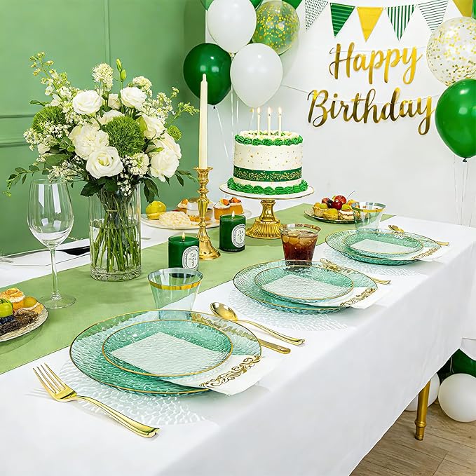 DaYammi 350 Pcs Clear Green Gold Plastic Plates, Hammered Disposable Dinnerware, Clear Green Plates Set Include 100 Plastic Platos, 150 Gold Disposable Silverware, 50 Cups and 50 Napkins for Party