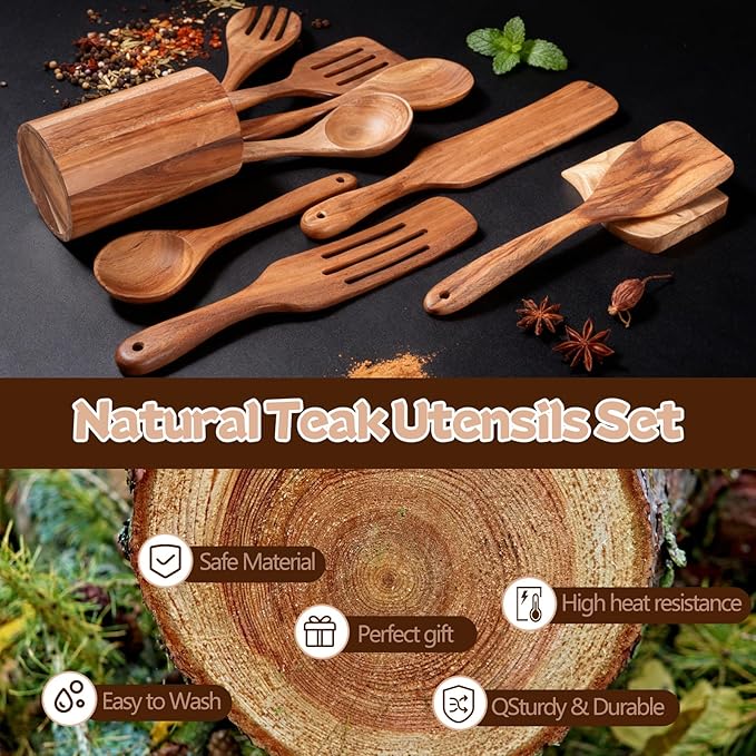Wooden Spoons for Cooking, 10-Piece Teak Wooden Cooking Utensil Set with Holder, Nonstick, Heat Resistant Kitchen Utensils, Durable Wooden Cooking Spoons, Kitchen Cooking Gifts for Women Men