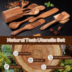 Wooden Spoons for Cooking, 10-Piece Teak Wooden Cooking Utensil Set with Holder, Nonstick, Heat Resistant Kitchen Utensils, Durable Wooden Cooking Spoons, Kitchen Cooking Gifts for Women Men