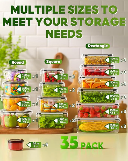 70 PCS Food Storage Containers with Lids(35 Containers & 35 Lids), BPA-Free Plastic Food Containers for Kitchen Storage, Leak Proof, Reusable Meal Prep Containers with Labels & Pen