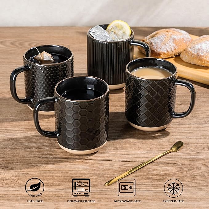 GBhome Coffee Mugs Set of 4, 12oz Handmade Stoneware Coffee Mugs Set with Large Handle for Cappuccino/Latte/Tea/Hot Cocoa, Dishwasher & Microwave Safe, Black