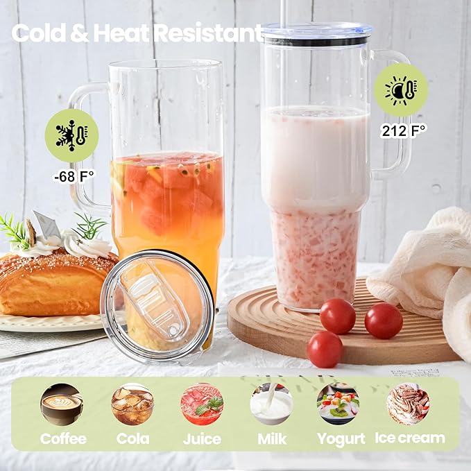 Glass Cups with Lids and Straws 40 oz Glass Tumbler with Straw and Lid 2 Pack Glass Tumbler with Handle Wide Mouth Iced Coffee Cups for Smoothies, Soda, Tea, with Acrylic Lids