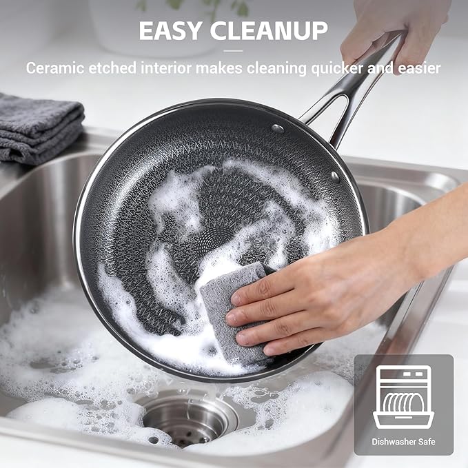 Ammeloo Hybrid Tri-Ply Stainless Steel Frying Pan Set, 8"/9.5"/11" Cooking Pans, Non Stick Frying Pans and Skillets, Chef Pan, Non Toxic, Dishwasher Safe, Induction Compatible, Black Interior