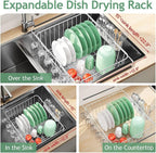 Fanbsy Dish Drying Rack in Sink, Extendable Stainless Steel Dish Drainers for Kitchen Counter, Anti-Rust Dish Dryer Rack with Utensil & Cup Holders, for Inside Sink, Over The Sink