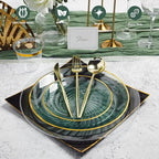N9R 180 PCS Disposable Dinnerware Set with Gold Rim for 30 Guests,Green Plastic Plates Include 30 Dinner Plate, 30 Dessert Plates, 30 Cups, 90 Heavy Duty Gold Plastic Silverware for Party & Wedding
