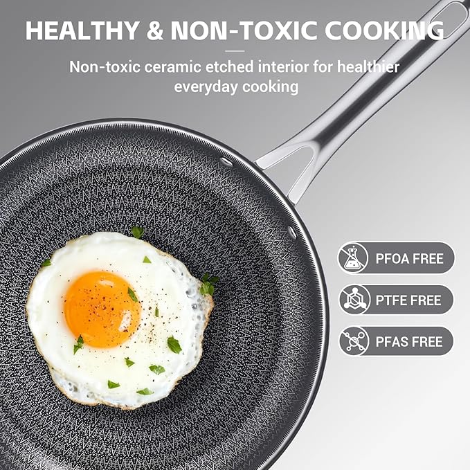 Ammeloo Hybrid Tri-Ply Stainless Steel Frying Pan Set, 8"/9.5"/11" Cooking Pans, Non Stick Frying Pans and Skillets, Chef Pan, Non Toxic, Dishwasher Safe, Induction Compatible, Black Interior