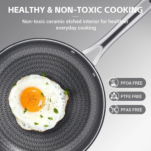 Ammeloo Hybrid Tri-Ply Stainless Steel Frying Pan Set, 8"/9.5"/11" Cooking Pans, Non Stick Frying Pans and Skillets, Chef Pan, Non Toxic, Dishwasher Safe, Induction Compatible, Black Interior