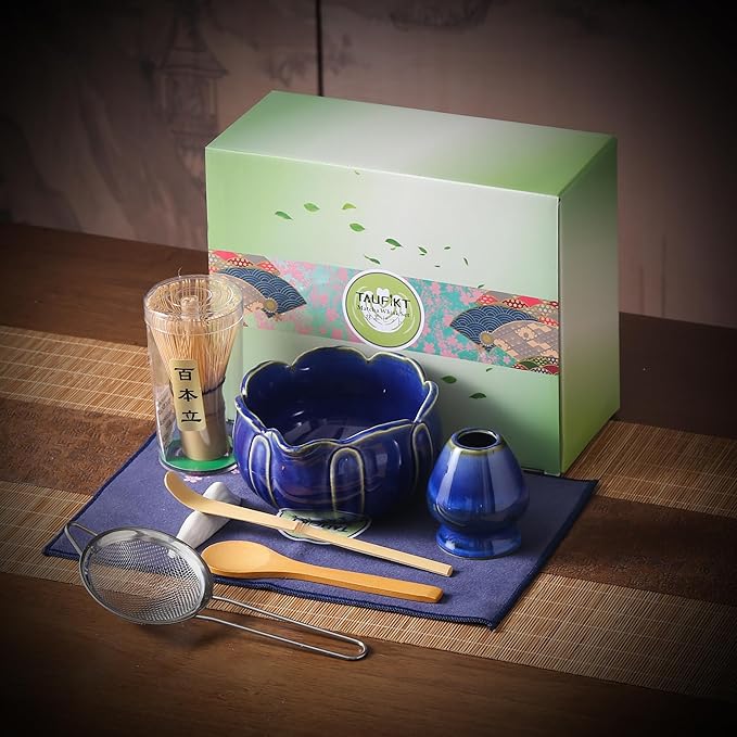 Matcha Whisk Set, Ceramic Matcha Set 8 Pcs, Matcha Kit Set Includes Matcha Bowl, Matcha Whisk and Holder, Bamboo Scoop and Rest, Sifter and Tea Towel, Ideal Gift for Family/Friend (Navy Blue)