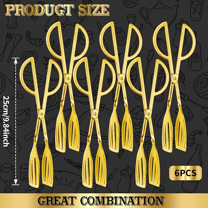 6PCS 9.8-Inch Stainless Steel Salad Tongs for Serving Heavy Duty Serving Tongs for Home Parties, Weddings, Buffets, Barbecues, Kitchen Utensils for Cake, Steak, Salad and More (6, Gold)