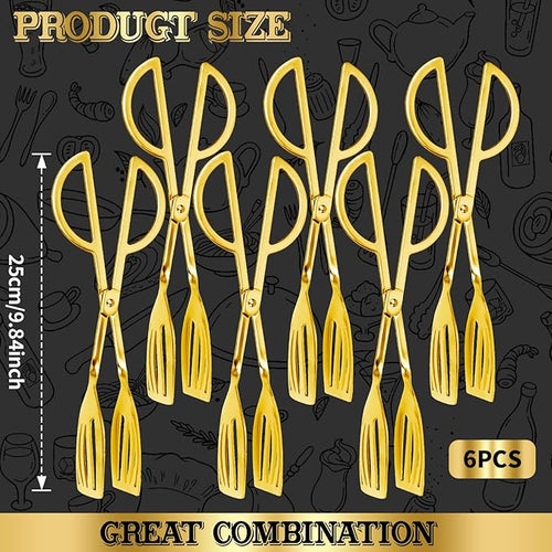 6PCS 9.8-Inch Stainless Steel Salad Tongs for Serving Heavy Duty Serving Tongs for Home Parties, Weddings, Buffets, Barbecues, Kitchen Utensils for Cake, Steak, Salad and More (6, Gold)