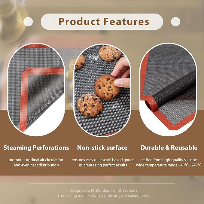Silicone Baking Mat Nonstick Food Safe Tray Pan Liners Perfect Bakeware for Making Cookies, Macarons, Bread and Pastry (16.54"x11.61"/ 2 Pack)