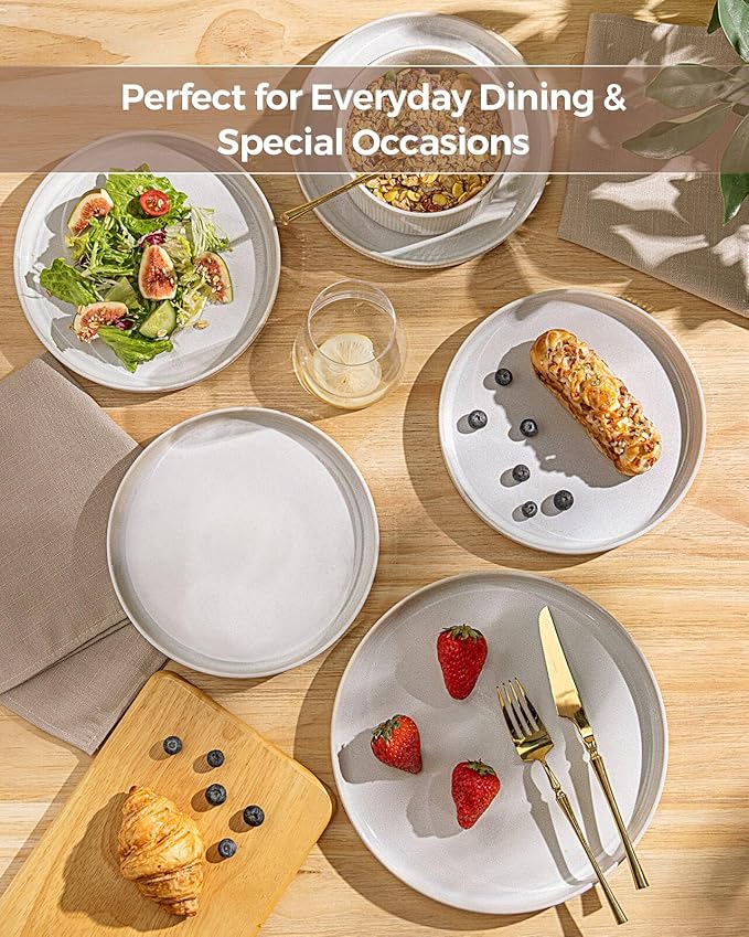 GBHOME 24-Piece Stoneware Dinnerware Set for 8 – Ribbed Ceramic Plates and Bowls, Scratch-Resistant, Microwave & Dishwasher Safe, Reactive Glaze, Sugar White