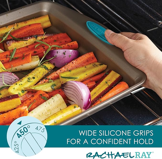 Rachael Ray 47578 Cucina Nonstick Bakeware Set with Grips Includes Nonstick Bread Pan, Baking Sheet, Cookie Sheet, Baking Pans, Cake Pan and Muffin Pan - 10 Piece, Latte Brown with Agave Blue Grips