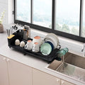 Dish Drying Rack Countertop Expandable Dish Drainer — Up to 26.7" Telescoping Extending Drying Station Organizer with Drainboard & Removable Utensil Holder — Dish, Silverware & Cup Storage, Black