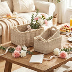 Set of 3 Seagrass Woven Storage Basket with Handles, Natural Wooden Bead Decoration for Blankets Toys Clothes Shoes Organizer, Cube Bins for Shelves Living Room Bedroom Nursery Home Decor