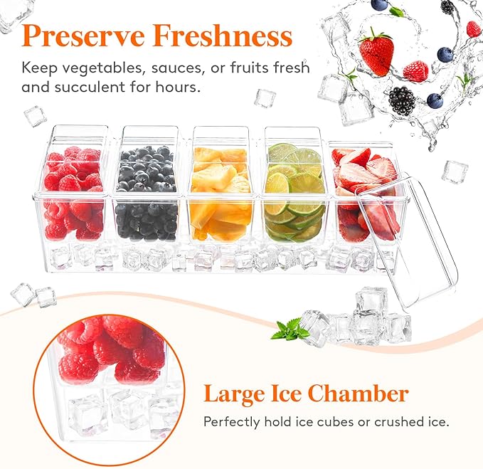 Lifewit 2 Pack Taco Bar Serving Set for Party with 5 x 20 oz Containers & Components, Ice Chilled Condiment Caddy Organizer, Garnish Serving Tray Platter for Mimosa Bar Accessories, Fruit, Salad, Food