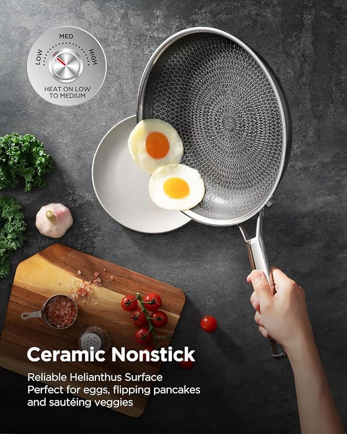 Nonstick Frying Pan Set with 2 Lid, Non-Toxic Tri-Ply Hybrid Ceramic Skillet 3 Piece, 8, 10 & 12 Inch Stainless Steel Pans, PFAS/PFOA/PTFE Free, Dishwasher & Oven Safe, Induction Compatible