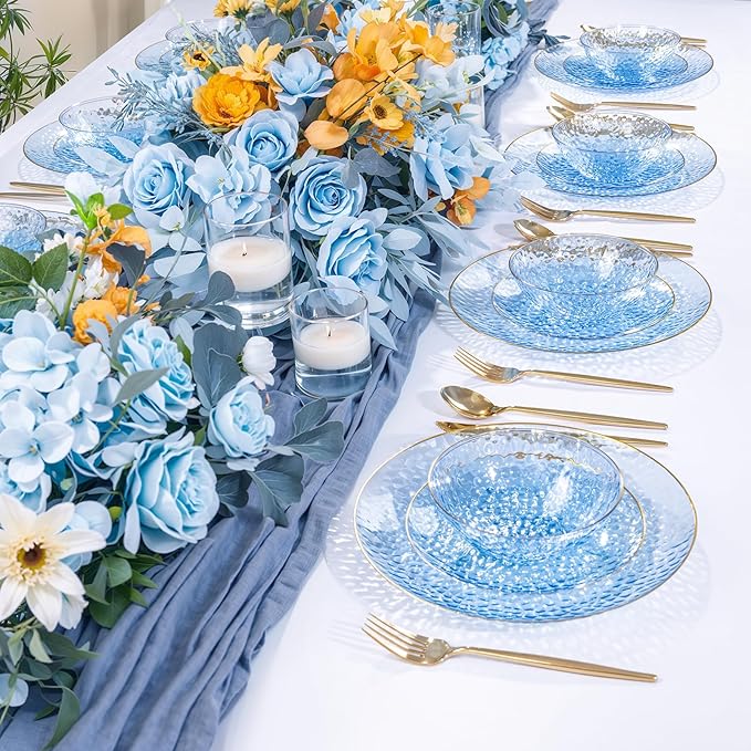 Rubtlamp 20 Pack Clear Blue Disposable Bowls, Blue Plastic Bowls with Gold Rim, 12-16oz Premium Heavy Duty Plastic Dinner Bowls for Party, Wedding and Holiday