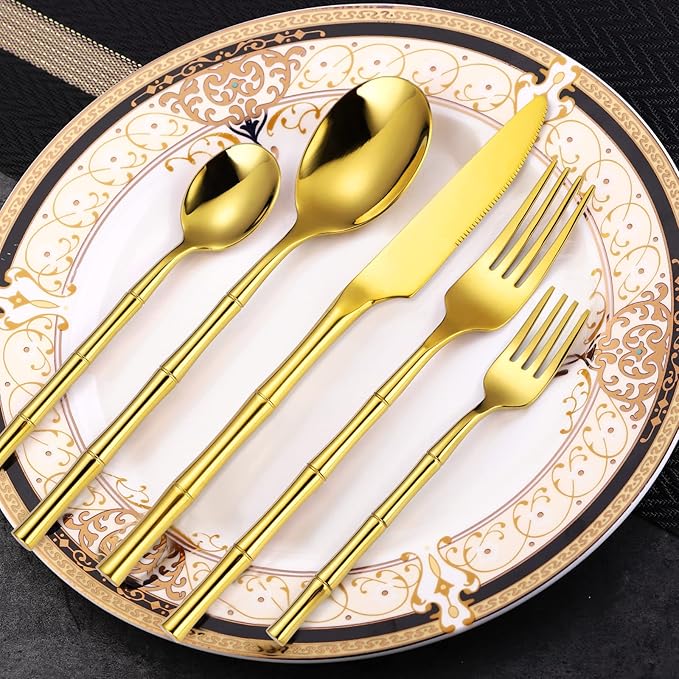 Bamboo Flatware Set Gold Silverware Set Stainless Steel Cutlery Set 20 Pieces with Bamboo Pattern Handle Hand Forged Restaurant Hotel Party Use Wedding Housewarming Gift Service for 4 Shiny Polished