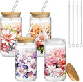 Mumufy 4 Pack Gift for Women Bloom Floral Elegant Glass Cup Tumbler Blooming Garden 16 oz Iced Coffee Glass with Bamboo Lid & Straw, Mothers Day Birthday Gift for Mom Sister Bridesmaid Baby Shower